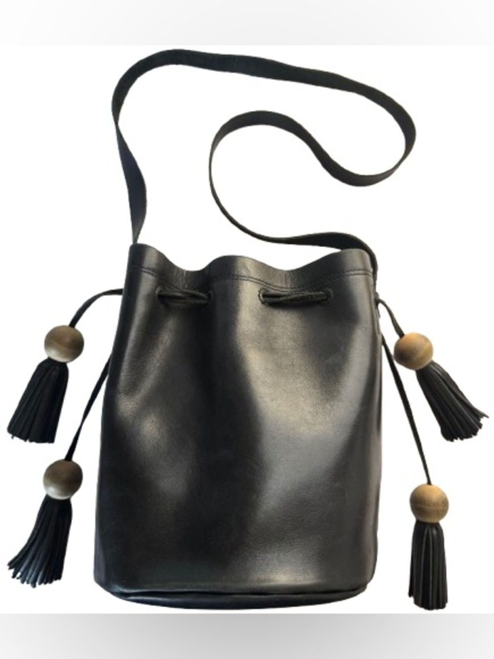 Boutonne Black Leather Drawstring Crossbody Bucket Bag Wooden Bead Tassel Fringe